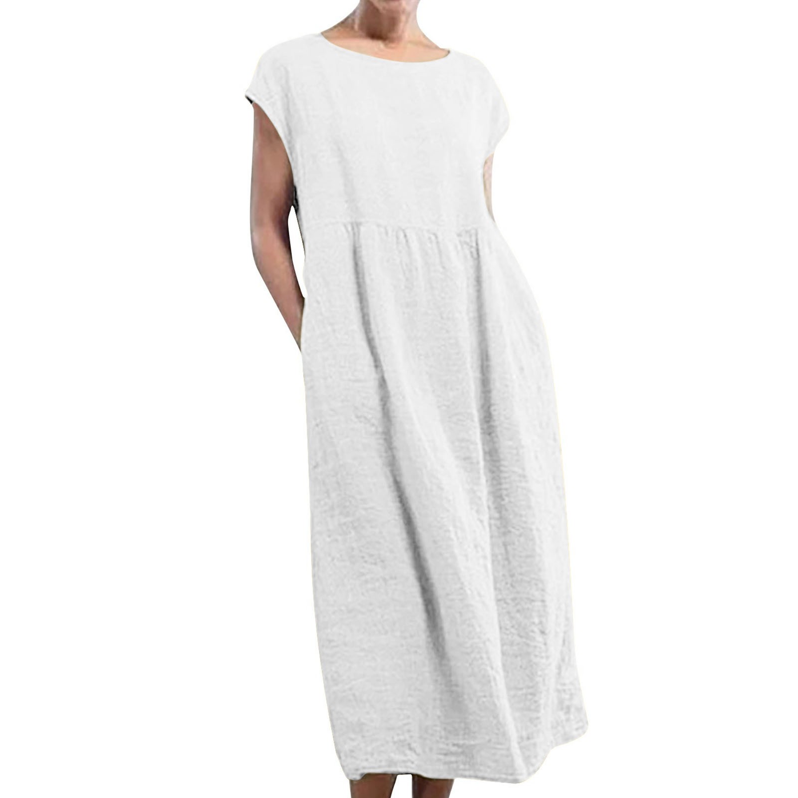 thumbnail image 2 of Vestido largo tipo caftán sin mangas con cuello redondo y bolsillos para mujer - Corte holgado, tejido de lino, informal/de fiesta para el verano - Tallas S-XXXXXL, 2 of 2